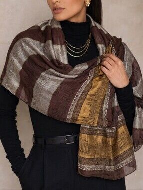 100% Silk Oversized Scarf Wrap | Brown Copper Gold Boho Luxe Shawl Scarf